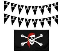3PCS Pirate Flag, Pirate Bunting, Large Skull with Red Scarf and Little Flags Accessories for Pirate Themed Party Perfect for Outdoor Decoration Vivid Color