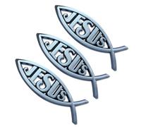 3pcs Plastic Silver Chrome Jesus Christian Fish Car Emblem Decal Sticky Back Badge & 3D Sticker for Car, Religious Symbol for Jesus