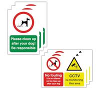 3PCS Please clean up after your dog! Be responsible & 3PCS No fouling it is an offence not to clean up after your dog CCTV is monitoring this area Signs Self adhesive Vinyl Stickers (148mm x 210mm)