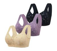 3PCS Plus Size Front Fastening Bras for Women UK 2026 V-Neck Full Coverage Non Wired Stretchy Underwear Sexy Front Button Shaping Cup Adjustable Shoulder Strap Breathable Sports Bra Tops for Everyday