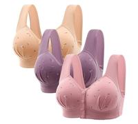 3PCS Plus Size Front Fastening Bras for Women UK Sales V-Neck Full Coverage Non Wired Stretchy Underwear Sexy Front Button Shaping Cup Adjustable Shoulder Strap Breathable Sports Bra Tops for Everyday
