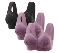 3PCS Plus Size Front Fastening Bras for Women UK Sales V-Neck Full Coverage Non Wired Stretchy Underwear Sexy Front Button Shaping Cup Adjustable Shoulder Strap Breathable Sports Bra Tops for Everyday