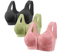 3PCS Plus Size Front Fastening Bras for Women UK Sales V-Neck Full Coverage Non Wired Stretchy Underwear Sexy Front Button Shaping Cup Adjustable Shoulder Strap Breathable Sports Bra Tops for Everyday