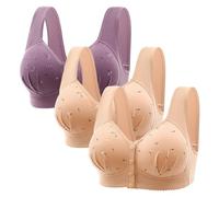 3PCS Plus Size Front Fastening Bras for Women UK Sales V-Neck Full Coverage Non Wired Stretchy Underwear Sexy Front Button Shaping Cup Adjustable Shoulder Strap Breathable Sports Bra Tops for Everyday