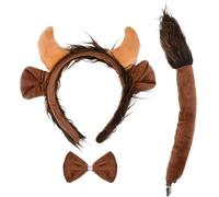 3Pcs Plush Ox Horns Headband, Bull Horns Cow Ears Tail Tie Headwear Set Cosplay Costume Accessories for Halloween Christmas Party(Brown Goat)