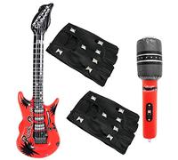 3Pcs Punk Rocker Party Kit, Large Red Inflatable Guitar Microphone Blow Up Guitar Punk Rocker Gloves Punk Rockstar Fancy Dress Kids Boys 70S 80S 90S Heavy Metal Disco Costume Accessories for Men Women