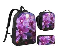 3PCS Purple flower Backpack Set with Insulated Lunch Box Pencil Pouch, 17inch Lightweight Laptop Bags Shoulder Lunch Bag and Pencil Case Bag 3-in-1 Set