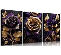 3Pcs Purple Gold Rose Canvas Wall Art Abstract Rose Floral Pictures Wall Decor Elegant Blossom Gold And Purple Posters Prints Paintings for Living Bedroom Bathroom Decoration Unframed 12x16inch