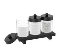 3Pcs Qtip Holder Dispenser Storage Organizer with Wood Tray, Transparent Apothecary Jars Bathroom with Lid for Cotton Ball, Cotton Swab,Cottons Round Pads, Floss, Makeup Sponges, Hair Clips(Black)