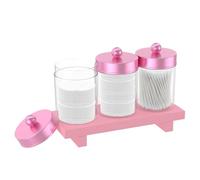3Pcs Qtip Holder Dispenser Storage Organizer with Wood Tray, Transparent Apothecary Jars Bathroom with Lid for Cotton Ball, Cotton Swab,Cottons Round Pads, Floss, Makeup Sponges, Hair Clips(Pink)
