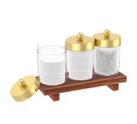 3Pcs Qtip Holder Dispenser Storage Organizer with Wood Tray, Transparent Apothecary Jars Bathroom with Lid for Cotton Ball, Cotton Swab,Cottons Round Pads, Floss, Makeup Sponges, Hair Clips(Golden)