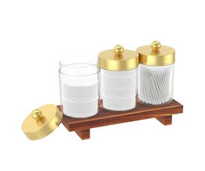 3Pcs Qtip Holder Dispenser Storage Organizer with Wood Tray, Transparent Apothecary Jars Bathroom with Lid for Cotton Ball, Cotton Swab,Cottons Round Pads, Floss, Makeup Sponges, Hair Clips(Golden)