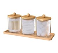 3Pcs Qtip Holder Dispenser with Tray, Clear Acrylic Apothecary Jars Set with Bamboo Lids, Bathroom Canister Storage Organization, Vanity Makeup Organizer for Cotton Ball, Swab, Round Pads, Floss