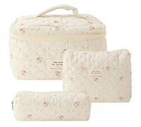 3Pcs Quilted Makeup Bag Printed Women Aesthetic Toiletry Purse Large Capacity Zipper Closure Cotton Daily Bag Purse Set