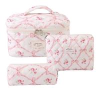 3PCS Quilted Makeup Bag Set Portable Aesthetic Large Capacity Quilt Cotton Floral Makeup Bag Set with Handle & Zipper Closure for Home Travel