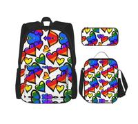 3pcs Rainbow Colored Gay Pride Hearts Print School Backpack Set,Large Capacity Water Resistant Laptop Backpack With Insulated Lunch Bag & Pencil Case For Middle School Teens Back To School Supplies