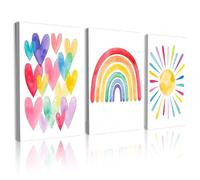 3pcs Rainbow Framed Wall Art, Boho Pink Playroom Poster Painting Decor, Colorful Heart Picture Prints for Living Room Bedroom Office Home Decoration 30x40cm
