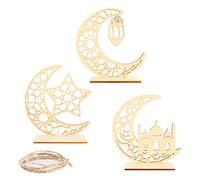 3PCS Ramadan Kareem Wooden Ornaments Eid Crafts Night Light Decorations, 3D Hollow Moon Star Wind Light Hanging Pendant Table Decor for Ramadan Islamic Muslim Eid Mubarak DIY Home Decoration