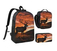 3PCS Red Deer Bull Elk Sunset Backpack Set with Insulated Lunch Box Pencil Pouch, 17inch Lightweight Laptop Bags Shoulder Lunch Bag and Pencil Case Bag 3-in-1 Set