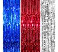 3pcs Red Silver Blue Tinsel Foil Fringe Curtains,3.2ft x 6.5ft Party Backdrops Props for King Charles III Coronation,UK USA French Events,American Independence Day,Superhero Avengers Theme Party Decor