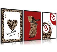 3Pcs Red Trendy Leopard Wall Art Bow Cheetah Canvs Wall Decor Funky Lucky You 8 Ball Poster Vintage Preppy Pictures for Girls Bedroom Dorm Apartment Home Artwork Decorations Unframed 12x16inch