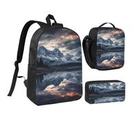 3PCS Reflection Of Cloud And Mountains Backpack Set with Insulated Lunch Box Pencil Pouch, 17inch Lightweight Laptop Bags Shoulder Lunch Bag and Pencil Case Bag 3-in-1 Set