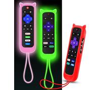 3Pcs Remote Cover for Roku with Cat Ears Design, Silicone Skin Case Compatible with Hisense/TCL Roku TV, Steaming Stick/Express, Universal Replacement Controller. Glow in The Dark Green/Pink/Red