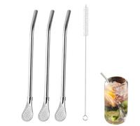 3PCS Removable Stainless Steel Straw Filter Spoon with Cleaning Brushes, Straw Stirrer Spoon for Tea Coffee & Cold Drinks, Stainless Steel Drinking Straws Cocktail Stirring Spoon, Reusable Metal Straw
