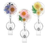 3Pcs Retractable Badge Reel Clip, Dried Flower Badge Reel Nurse ID Badges Holder with Key Ring, Cute Convenient Badges Clips Retractable for Nurse, Doctor, Teacher, Office Worker