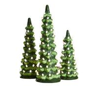 3pcs Retro Hand-painted Tabletop Christmas Trees With Lights, Resin Christmas Trees Pre-Lit Hand-Painted Tabletop Holiday Decoration, W/Multicolor Bulbs LED Lights - Green
