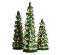 3pcs Retro Hand-painted Tabletop Christmas Trees With Lights, Resin Christmas Trees Pre-Lit Hand-Painted Tabletop Holiday Decoration, W/Multicolor Bulbs LED Lights - Green