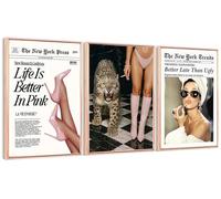 3PCS Retro Newspaper Wall Art Cheetah Canvas Prints New York Trends Painting Life Is Better In Pink Poster Preppy Aesthetic Artwork for Feminist Teen Girl Room Dorm Bedroom Wall Decor Unframed
