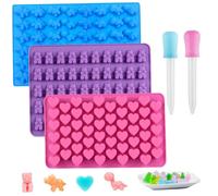 3Pcs Reusable Nonstick Fruit Snack & Chocolate Molds, Mini Dinosaur, Hearts, Bear Shape Candy Baking Mold with 2 Droppers for Ice, Jelly, Gummies, Random Color