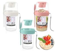 3Pcs Reusable Overnight Oats Jar with Lid & Spoon, Leak-Proof Salad Fruit Muesli Cup Porridge Breakfast Pots, Portable To Go Cereal Yogurt Cups Oatmeal Milk Container for Office, School, Travel