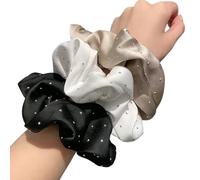 3PCS Rhinestones Embellished Scrunchie Ruffled Cloth Ponytail Holder Large Beads Hair Ties For Daily Use Or Parties Premium Scrunchies Gift Set