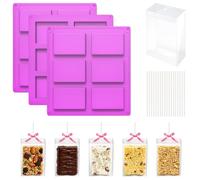 3PCS Rice Crispy Treat Silicone Mold with 35 Boxes & Sticks, Chocolate Mold | Rice Crispie Treats Wrappers Kit, 3PCS Crispy Cereal Bar Silicone Mold, 35 Clear Baking Container, 35 Cake Pop Sticks, Party