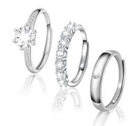 3Pcs Rings, 925 Sterling Silver Ring Set, Stackable Silver Rings for Women, Hypoallergenic, Adjustable Ring with 1 Carat Diamond and Small Diamond, Elegant Jewellery Gift for Birthday Christmas