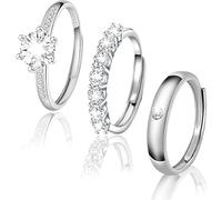 3Pcs Rings, Silver Ring for Women, 925 Sterling Silver Ring Set, Stackable Silver Rings for Women, Hypoallergenic, Adjustable with 1 Carat Diamond and Small Diamond, for Birthday Christmas