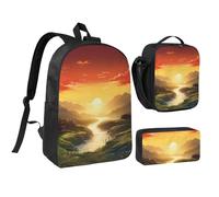 3PCS Rising Sun Backpack Set with Insulated Lunch Box Pencil Pouch, 17inch Lightweight Laptop Bags Shoulder Lunch Bag and Pencil Case Bag 3-in-1 Set