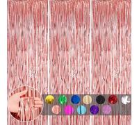 3pcs Rose Gold Metallic Shimmer Curtains, 1*2m Laser Fringe Curtain Wall Tinsel, Tassel Backdrop for Girls Birthday Hen Wedding Party Decorations