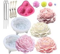 3PCS Rose Peony Flower Silicone Candle Molds 3D Rose Fondant Mold with Large-Eye Wicking Needle,Candlewick Soap Molds Epoxy Resin Casting Candle Molds Chocolate Cake Dessert Decor Art Crafts