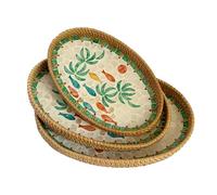 3Pcs Round Rattan Tray with Mother of Pearl Inlay, Round Woven Wicker Tray, Rattan Serving Tray with Wooden Base, Decorative Wicker Basket for Bread Fruit Food Coffee Breakfast Table Decor(#3)