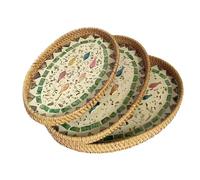 3Pcs Round Rattan Tray with Mother of Pearl Inlay, Round Woven Wicker Tray, Rattan Serving Tray with Wooden Base, Decorative Wicker Basket for Bread Fruit Food Coffee Breakfast Table Decor(#1)