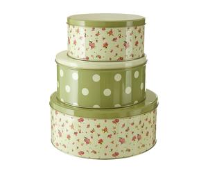 3pcs Round Storage Tin Rose Cottage Green Stacking Metal Containers Organisers