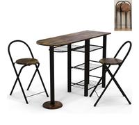 3PCS Rustic Brown Dining Table Set with Folding Chairs Shelves and Chunky Metal Frame Wooden Kitchen Table for Dining Living Room and Breakfast Bar