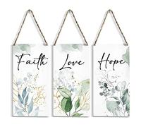 3Pcs Rustic Wood Sign Inspirational Home Farmhouse Wall Hanging Decor Motivational Wooden Wall Art Décor Decorative Plaque for Home Office Kitchen Bathroom Bedroom Living Room Décor Faith Love Hope