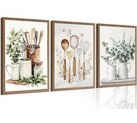 3Pcs Sage Green Kitchen Wall Art Boho Farmhouse Canvas Poster Eucalyptus Leaves Painting Green Botanical Minimalist Plant Artwork for Dining Room Kitchen Home Wall Decor Unframed 12x18inch