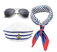 3Pcs Sailor Hat and Scarf Set, Blue and White Nautical Costume Accessories for Adults and Teens, 3-Piece Sailor Outfit for Cosplay, Themed Parties and Sailing Events