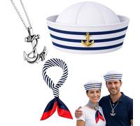 3PCS Sailor Hat Kit, Halloween Costumes with Blue & White Sailor Hats, Red Edge Blue Bar Square Scarf, Anchor Necklace, Costume Accessory for Halloween Cosplay, Navy Dressing