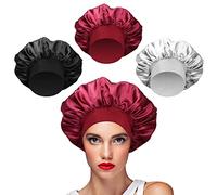 3PCS Satin Bonnet Silk Hair Wrap for Sleeping Silk Bonnet Sleep Cap for Curly Hair with Wide Elastic Band Silk Cap Hair Cover for Sleeping Women Girls Hair Care (Red, Black, Grey)